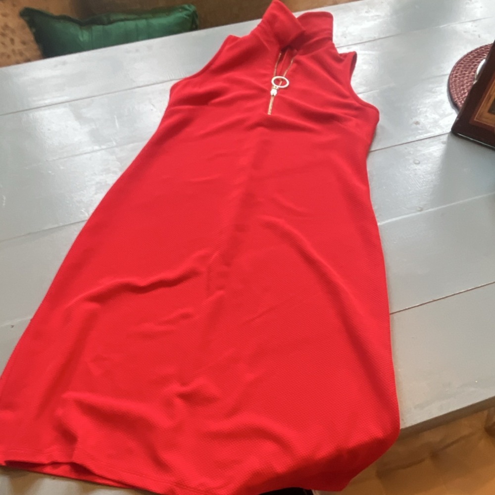 Anne Klein Red Shift Dress 4 Sleeveless Zip‎ Front Collared Knee Length Knit Red